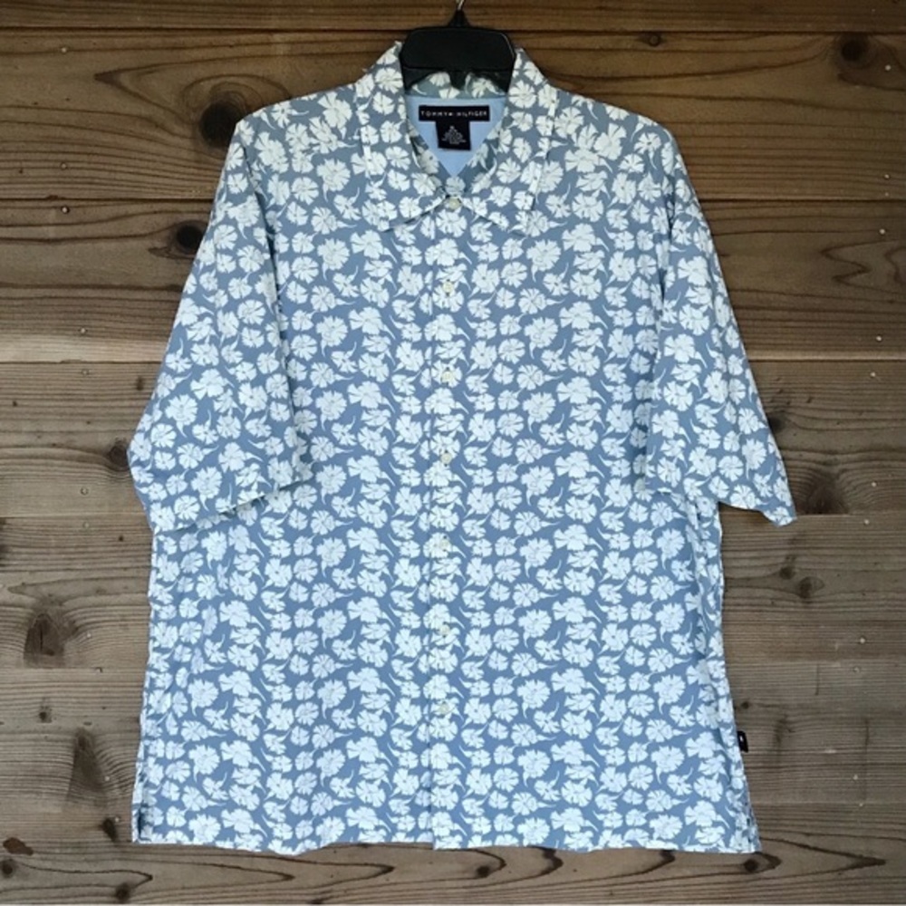 Tommy Hilfiger Y2K Hibiscus Blue Floral Hawaiian Button Down Shirt Size XL